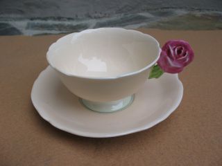 Vintage Paragon Rose Handle Bone China Tea Cup Saucer Pastel Beige Green
