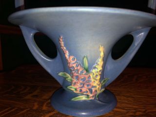Vintage Roseville Art Pottery Round Foxglove Blue Flower Basket W/ Handle 374 - 10