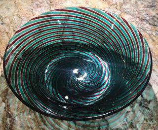 Vintage Murano Art Glass Bowl Candy Dish In Candy Green Swirl Rare
