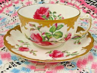 Haviland Red Roses Tea Cup And Saucer Embossed Heavy Gold Gilt