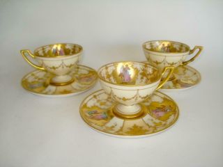 Fine Antique Set 3 Hutschenreuther Dresden Gilt Jeweled Teacups & Saucers