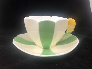 Shelley Queen Anne Green Harlequin Panels Tulip Handle Cup & Saucer