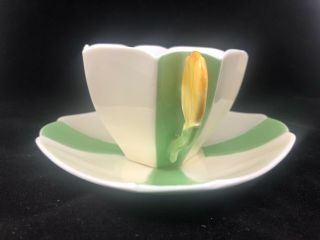 Shelley Queen Anne Green Harlequin Panels Tulip Handle Cup & Saucer 2