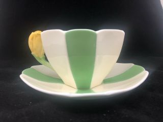 Shelley Queen Anne Green Harlequin Panels Tulip Handle Cup & Saucer 3