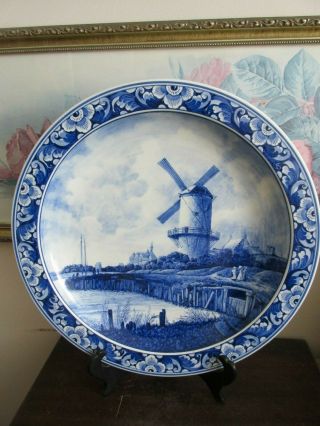 Antique 1910 Delft Blauw " Ruysdael " Hand Painted Charger Plate Dutch Scene 14 "