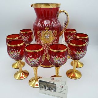 9 Piece Vintage Red Murano Glass 24k Gold Handpainted Floral Cordial Set