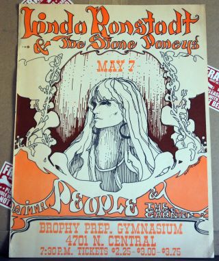Vg,  Rare Linda Ronstadt & Stone Poneys Phoenix 67 Fillmore Family Dog Era Poster