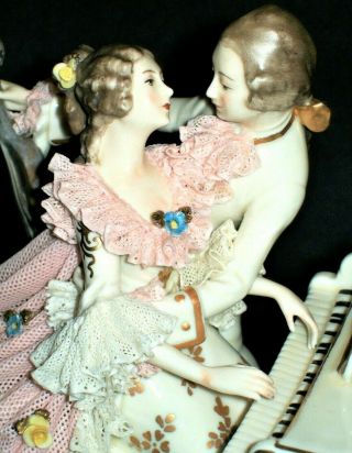 Antique German Dresden Lace Courting Couple In Love Musicians Porcelain Figurine