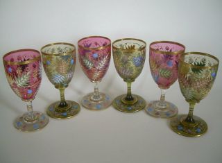 Six Antique Moser Enameled Wine Glasses Ruby & Amber Chestnut And Leaves Design