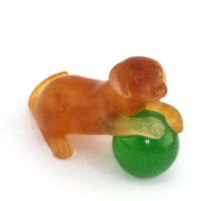 Retired Daum France Pate De Verre Art Glass Amber Puppy And Green Ball Figurine