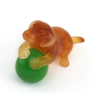 Retired DAUM France Pate de Verre Art Glass Amber Puppy and Green Ball Figurine 2
