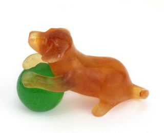 Retired DAUM France Pate de Verre Art Glass Amber Puppy and Green Ball Figurine 3