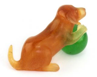 Retired DAUM France Pate de Verre Art Glass Amber Puppy and Green Ball Figurine 5