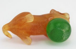 Retired DAUM France Pate de Verre Art Glass Amber Puppy and Green Ball Figurine 6