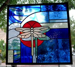 Stained Glass Window Panel Dragonfly Blue Orange Sun