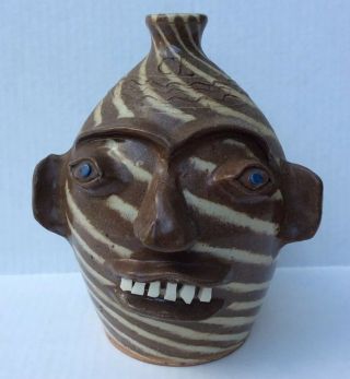 Vtg Charles Lisk Face Jug 9” Signed Brown Cream Swirl Vale Nc Folk Art Pottery