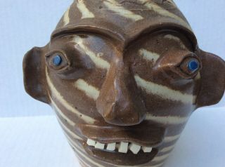 Vtg Charles Lisk Face Jug 9” Signed Brown Cream Swirl Vale NC Folk Art Pottery 3