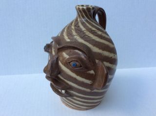 Vtg Charles Lisk Face Jug 9” Signed Brown Cream Swirl Vale NC Folk Art Pottery 6