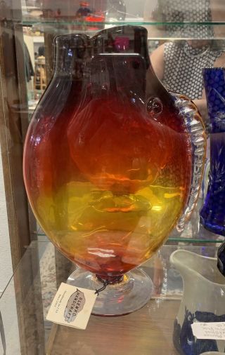 Blenko Tangerine Red Amberina 13” Fish Vase