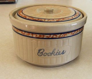 Vintage Old Red Wing Gray Line Sponge Band Cookie Jar With Lid - Htf
