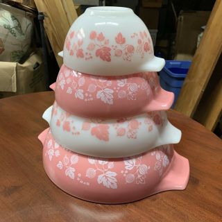 1950 ' s Vintage Pyrex Pink White Gooseberry Cinderella Nesting Mixing Bowl Set 6