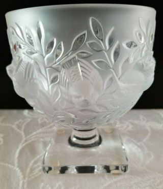Signed Lalique France Elizabeth Crystal Glass Pedestal Vase/bowl Carved Birds