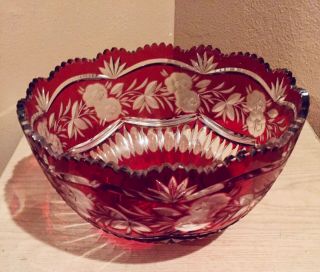 Vntg.  Bohemian Czech Crystal Bowl Vase Cut To Clear Red Sawtooth Rim - Extra Large