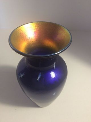 Lundberg Studios Art Glass Starry Night Signed 2000 7 1/2” Vase Cobalt Blue
