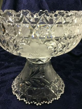 Abp American Brilliant Period Cut Etched Flower Glass Punch Bowl & Stand 10 "