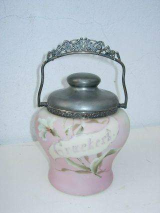 Antique C F Monroe Pink Nakara Wavecrest Glass Crackers Jar