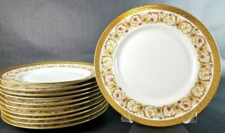 Set of 11 Antique PL LIMOGES M Redon Scroll Flower Gold Encrusted Dinner Plates 3