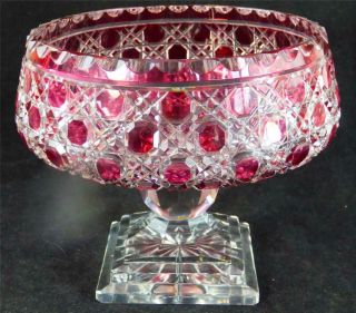 M087 Bohemian Ruby Overlay Cut To Clear Footed Bowl Centrepiece Cranberry