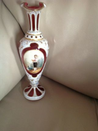Antique Rare Moser Bohemian Ruby/white Glass Portrait Vase Little Boy Gilding