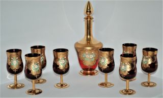 Vintage Murano Glass Red & Gold Ornate Set Of Decanter And 8 Glasses