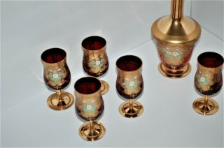 Vintage Murano Glass Red & Gold Ornate Set of Decanter and 8 Glasses 7