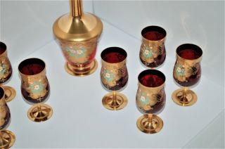 Vintage Murano Glass Red & Gold Ornate Set of Decanter and 8 Glasses 8