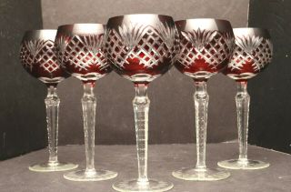 Set Of 5 Ruby Red Cut To Clear Crystal Wine Hocks Glasses Goblet Stems