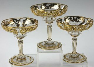 3 Antique 19th Century Moser Gold Gilt Enamel Art Glass Champagne Glasses Nr Vcb