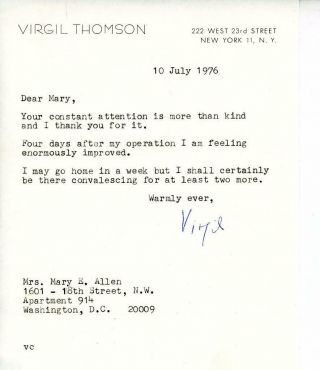 S825.  Virgil Thomson Composer,  Autographed Signed Letter On Personal Stationary