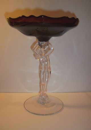 Cambridge Glass Art Deco Statuesque Nude Amethyst Purple Cupped Pedestal Compote