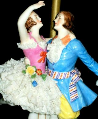Antique German Dresden Lace Deco Courting Couple Dancers Porcelain Lamp Figurine