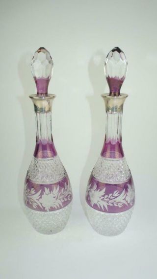 Pair Amethyst Cut Glass Decanters,  Silver Collars 1978