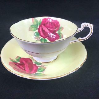 Paragon England Johnson Signed Red Floating Rose Yellow Cup Saucer A1438/2