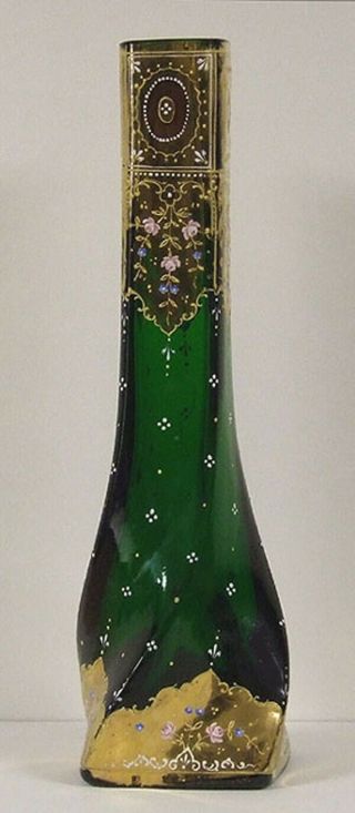 Stunning Antique Moser Era Bohemian Glass 13 " Hand Painted Twist Vase