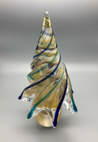 Signed Vintage 10in Murano Glass Christmas Tree Blue Green Gold Swirl Design