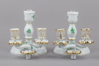 Herend Chinese Bouquet Green Two Light Candle Holders 7915/AV 10