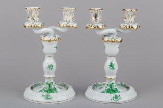 Herend Chinese Bouquet Green Two Light Candle Holders 7915/av