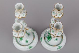 Herend Chinese Bouquet Green Two Light Candle Holders 7915/AV 9