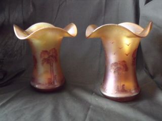 2 Antique Bohemian Art Deco Iridescent Glass Vases Decorated W/ Trees 6.  5 " Tall