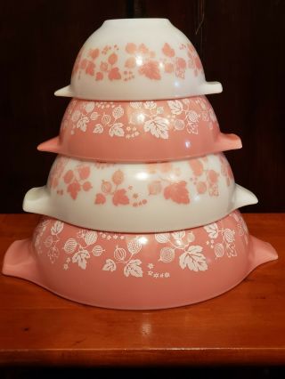 Vintage Pyrex Pink Gooseberry 4 Pc Cinderella Mixing Bowl Set,  S441 442 443 444